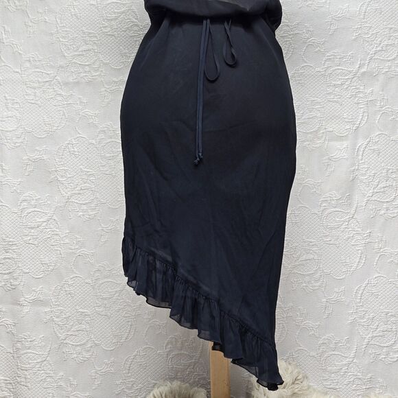 Sexy Sheer Little Black Dress Emily D Small Low Cowl Asymmetric Ruffle Skirt Tie - Picture 6 of 15